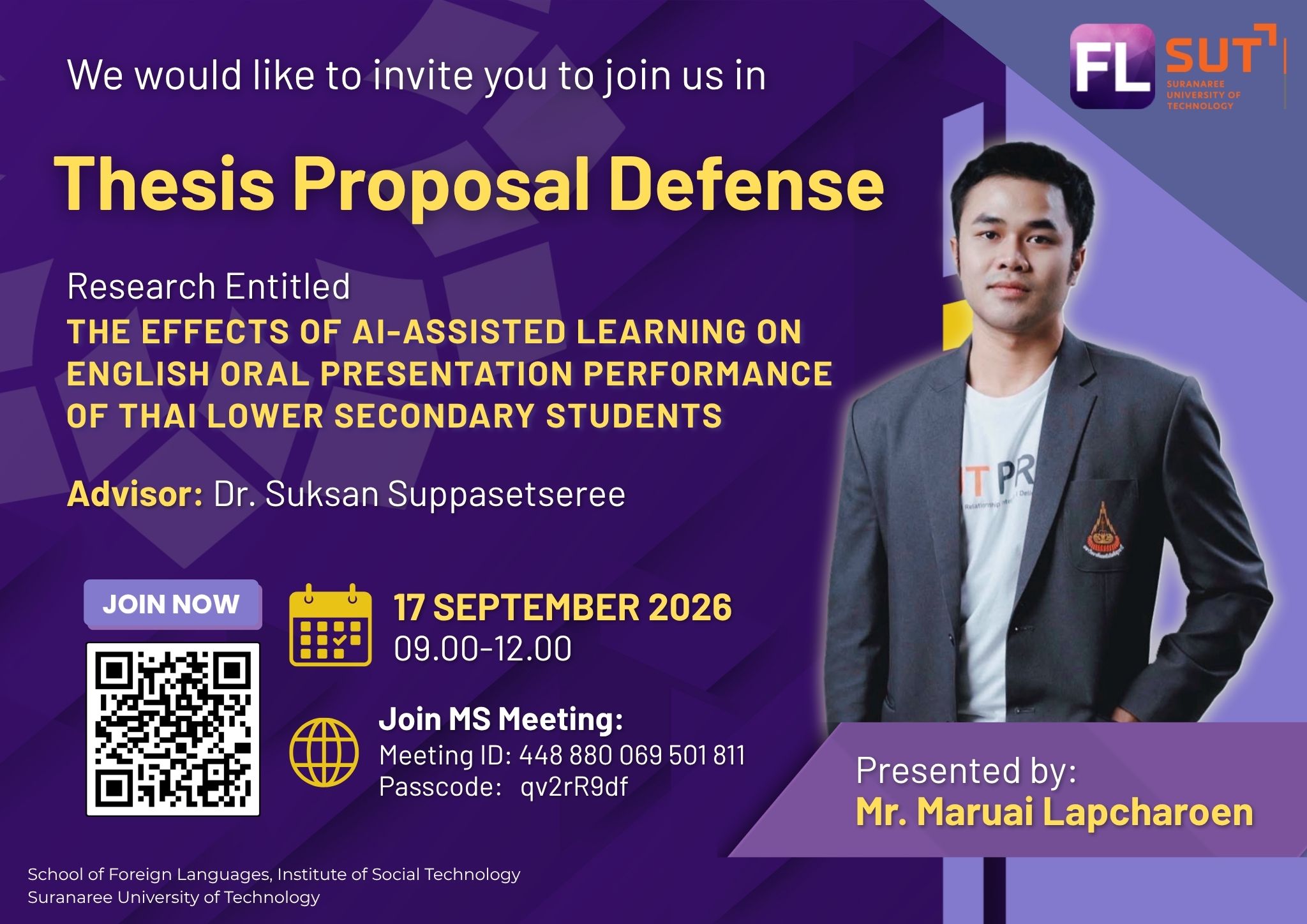 👍We would like to invite you to join us in Thesis Proposal Defense of Mr. Maruai Lapcharoen
